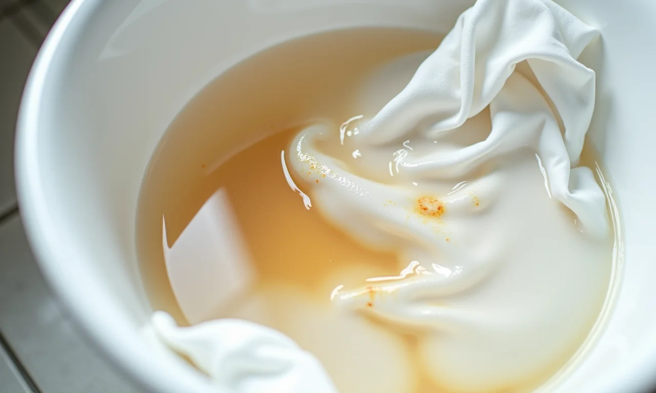 Camisa branca manchada sendo mergulhada em solução de vinagre.