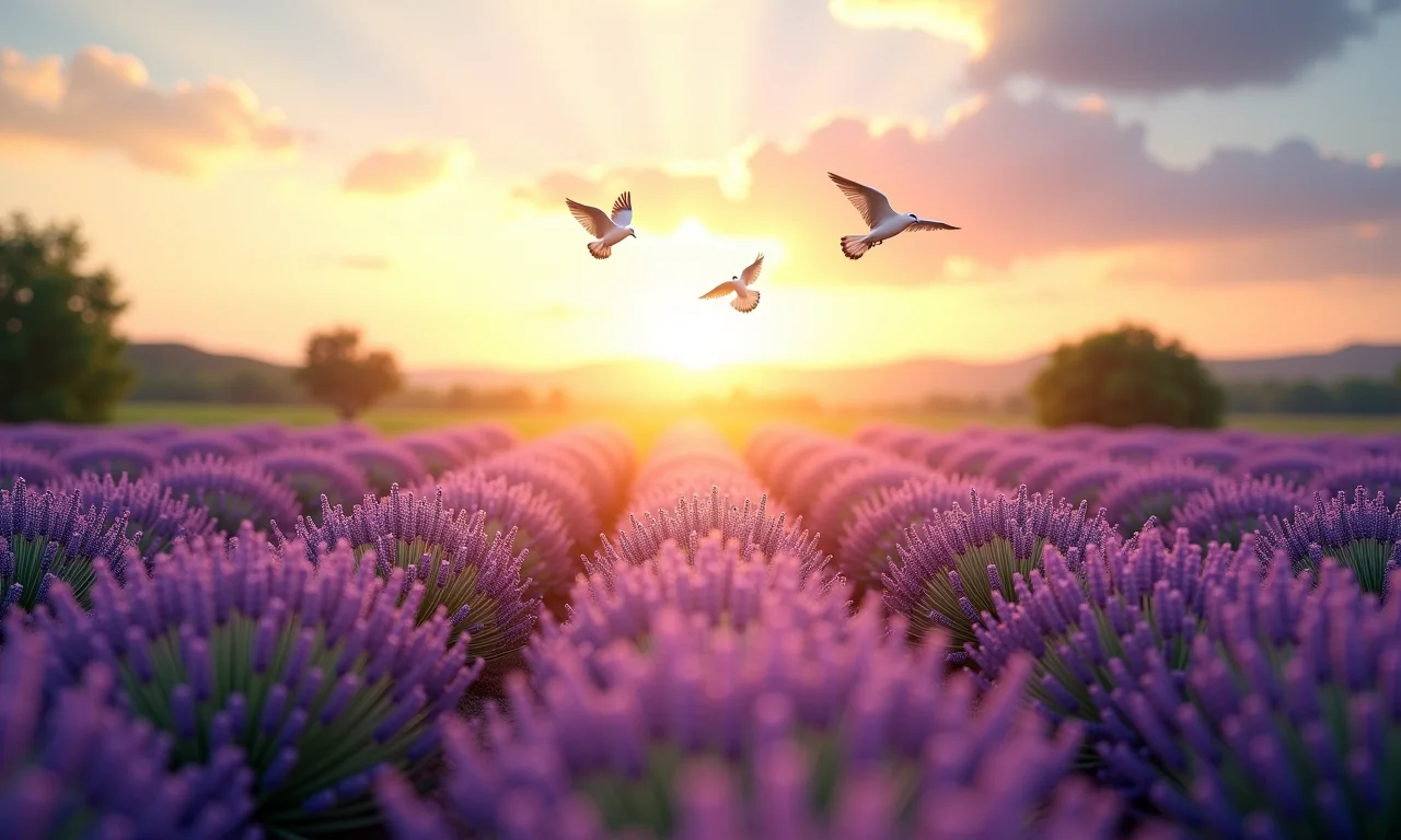 Campo de lavanda sob o sol, com pássaros voando.