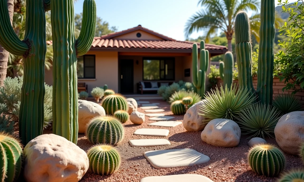 Canteiro de cactos e pedras em quintal ensolarado.