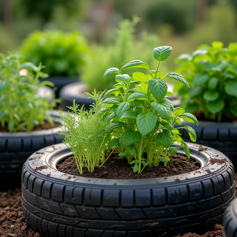 Canteiros elevados feitos de pneus reciclados cheios de ervas e vegetais.