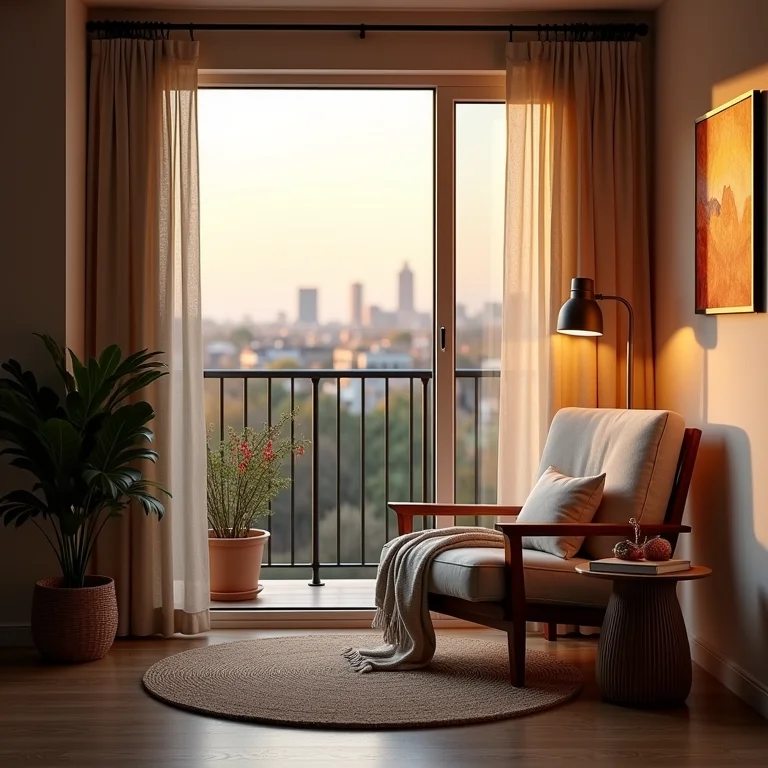 Cantinho de leitura aconchegante em uma varanda de apartamento.