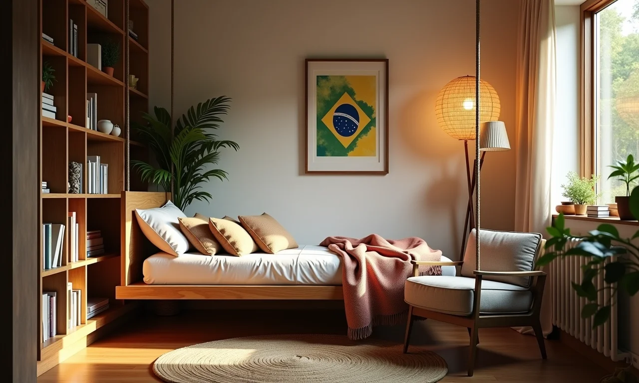 Cantinho de leitura aconchegante sob cama suspensa.