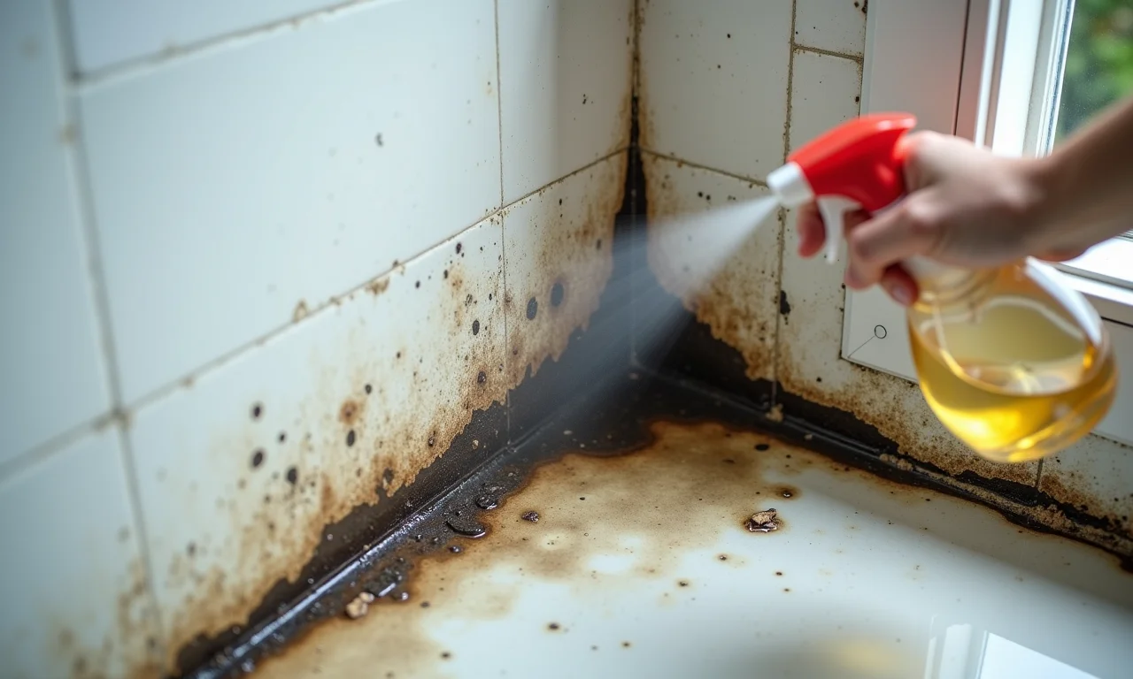 Canto de banheiro mofado sendo limpo com vinagre.