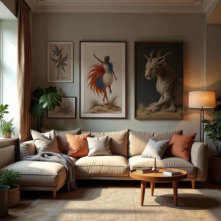 Canto de sala de estar sobrecarregado com excesso de objetos decorativos.