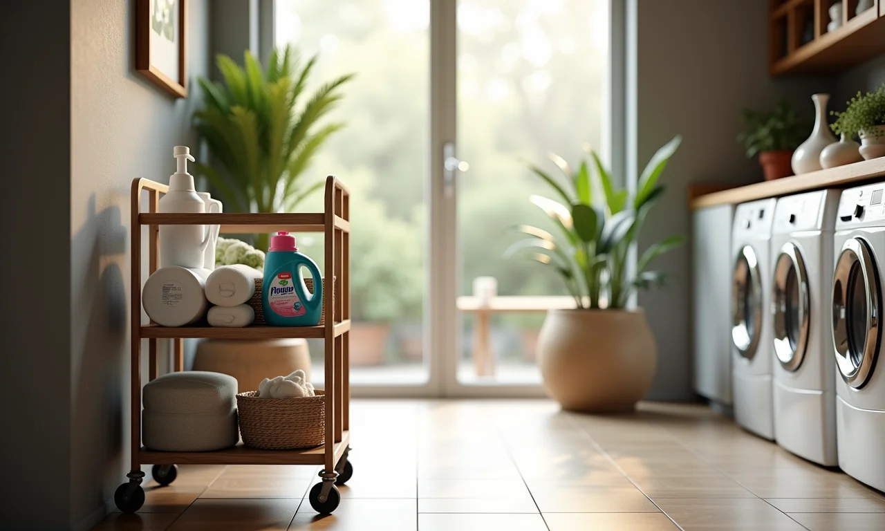 Carrinho auxiliar oferecendo praticidade sobre rodas em uma lavanderia.