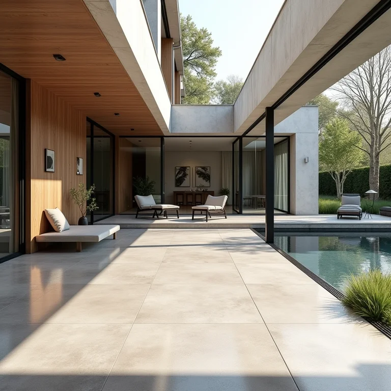 Casa moderna com piso de cimento polimérico, destacando o custo-benefício.