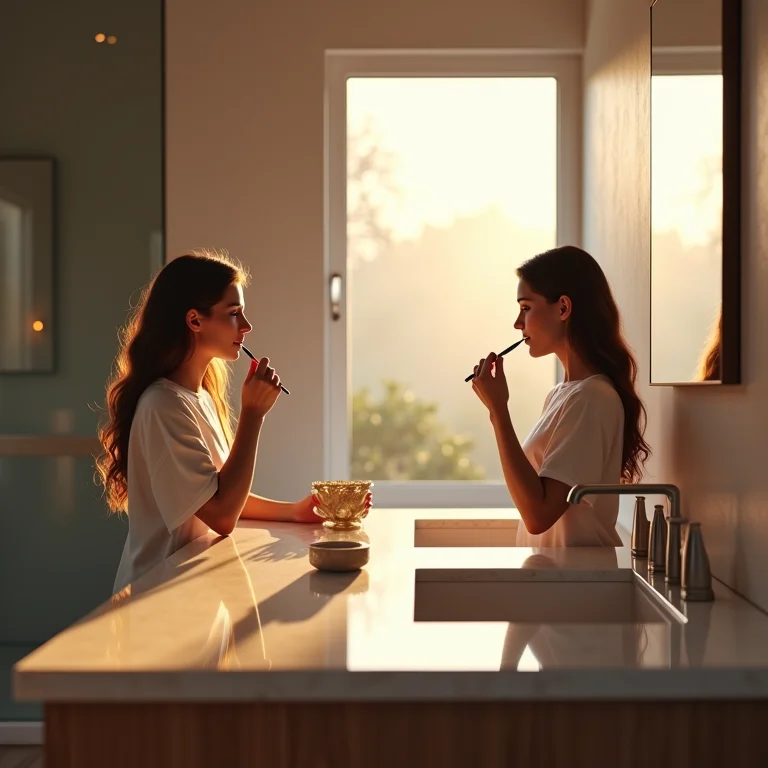 Casal utilizando um gabinete de banheiro com duas cubas durante a rotina matinal