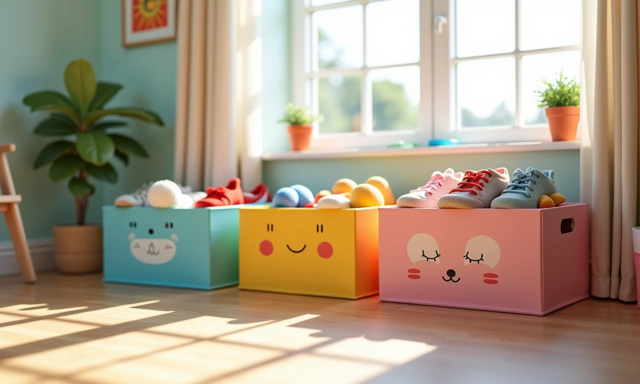 Cestas organizadoras de brinquedos feitas de caixas de sapato.