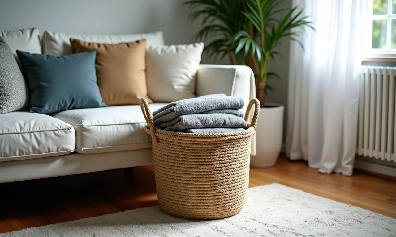 Cesto de corda DIY em uma sala, organizando mantas com estilo.