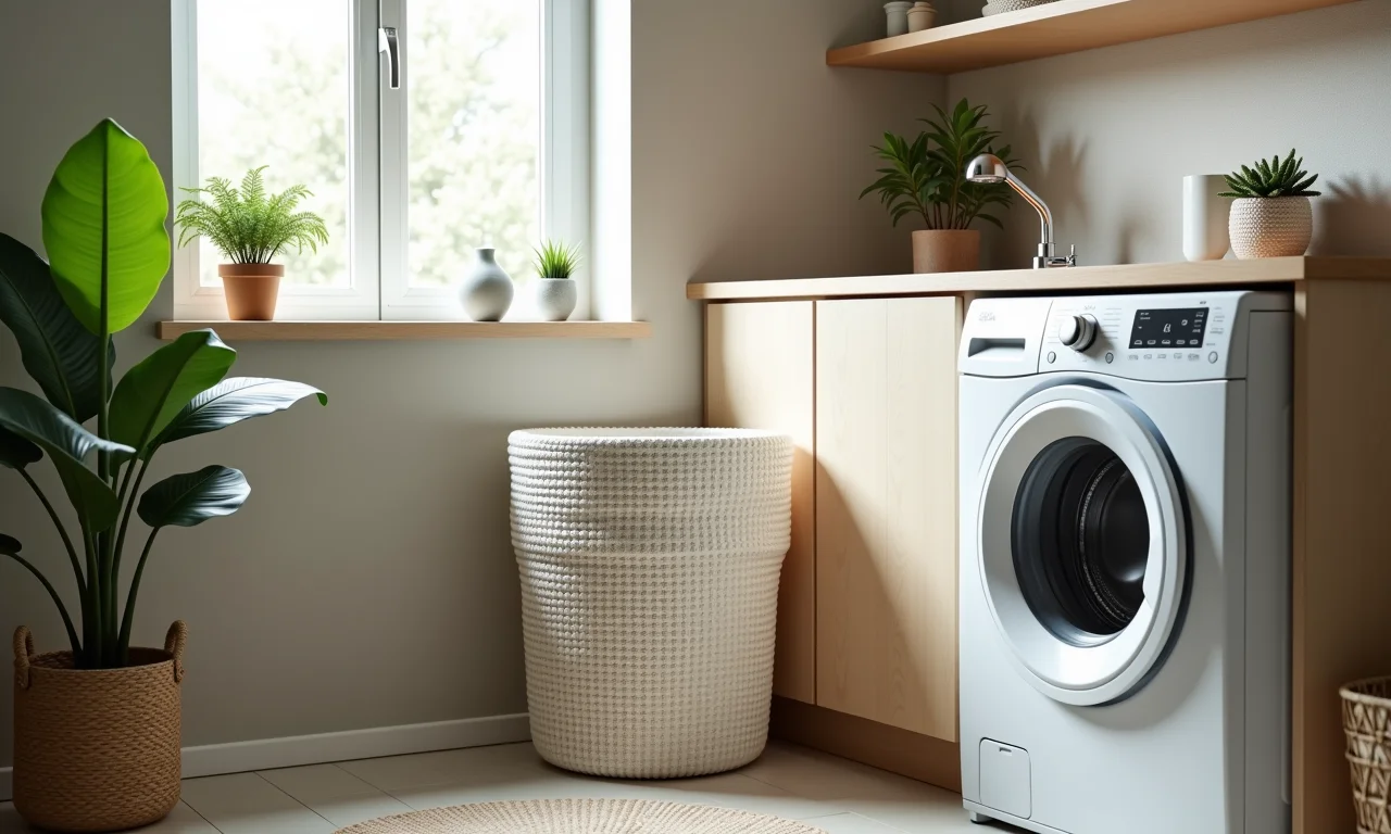 Cesto de roupa suja dobrável da Ordene em uma lavanderia pequena.