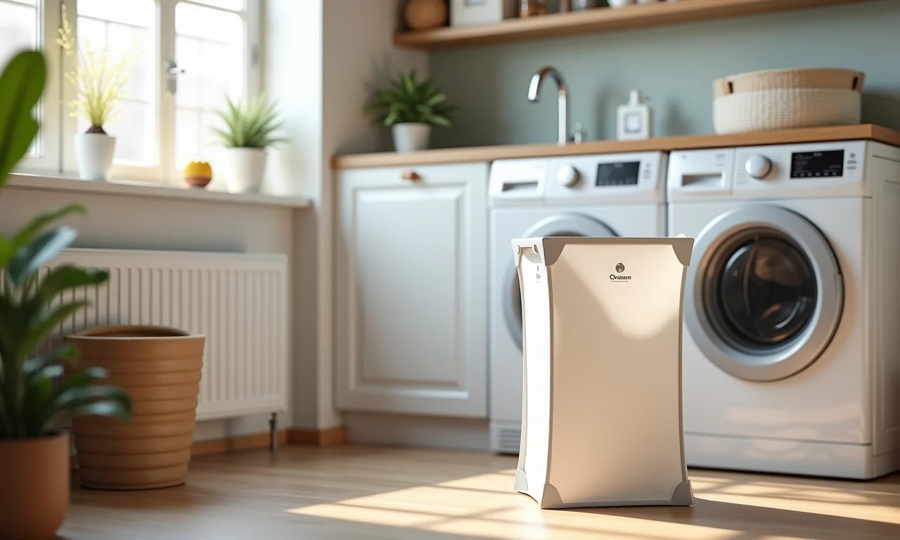 Cesto de roupa suja dobrável da Ordene na lavanderia.