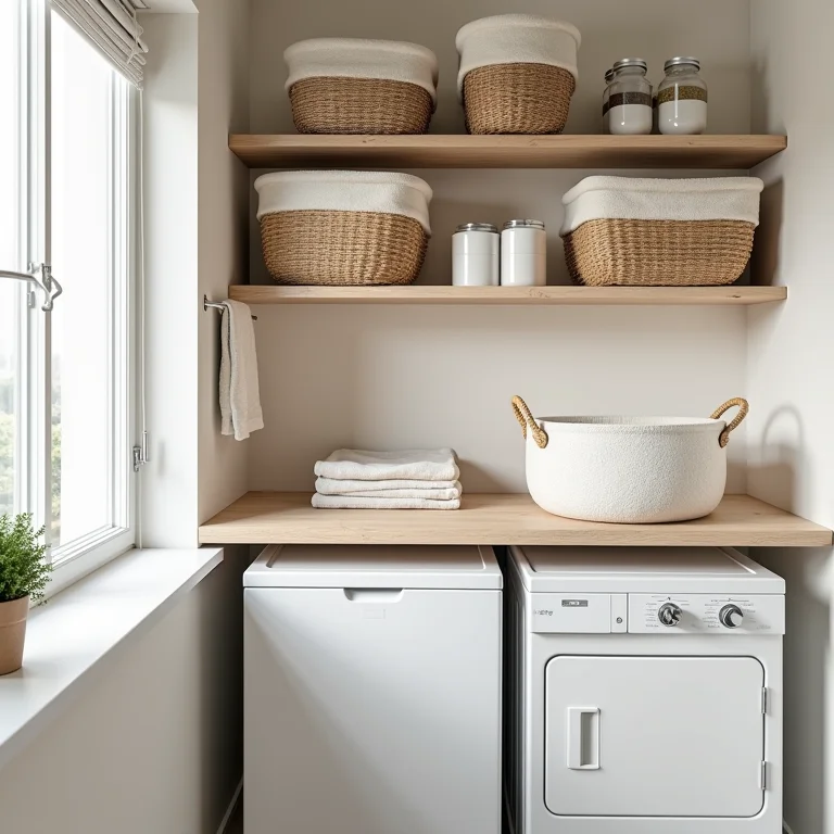Cestos e caixas organizadoras auxiliando na organização de uma área de serviço pequena.