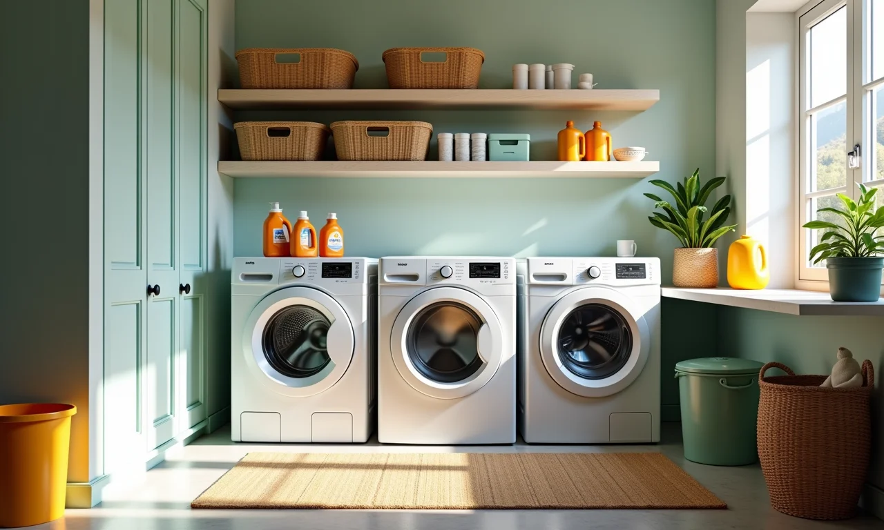 Cestos e caixas organizadoras como aliados na organização da lavanderia.