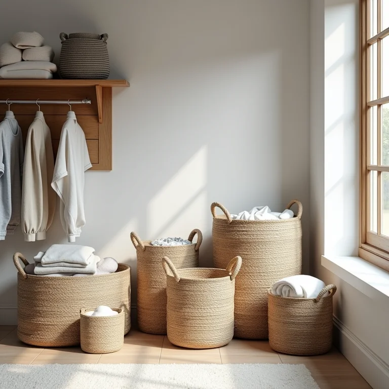 Cestos e caixas organizadoras na lavanderia