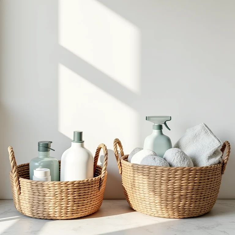 Cestos e caixas organizadoras para manter tudo no lugar na área de serviço.