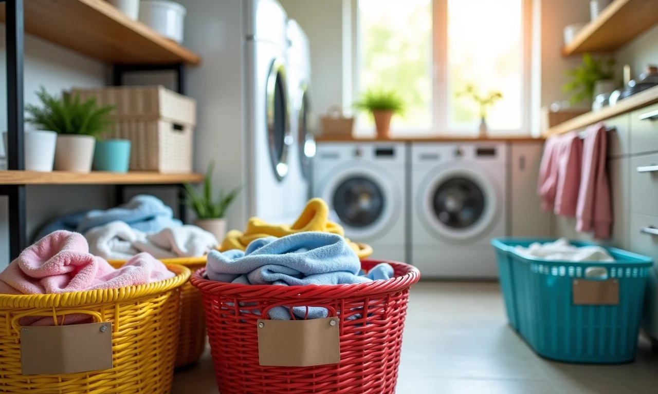 Cestos organizadores para separar roupas na lavanderia.