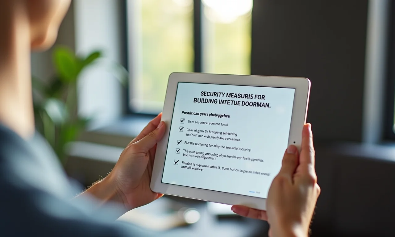 Checklist de segurança para prédios sem porteiro exibido em tablet.