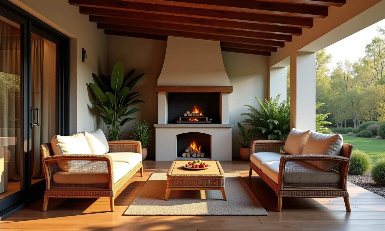 Churrasqueira aconchegante com piso de madeira e móveis confortáveis.