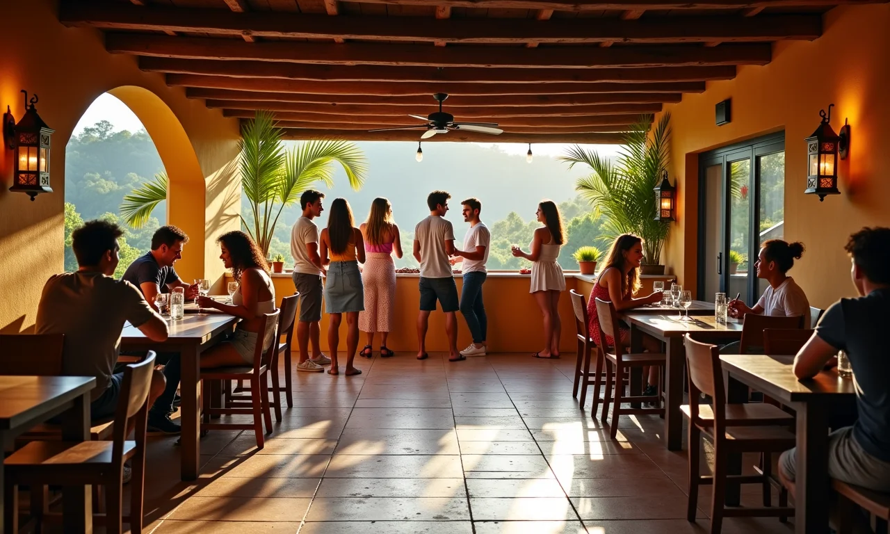 Churrasqueira com piso de cerâmica e amigos reunidos.