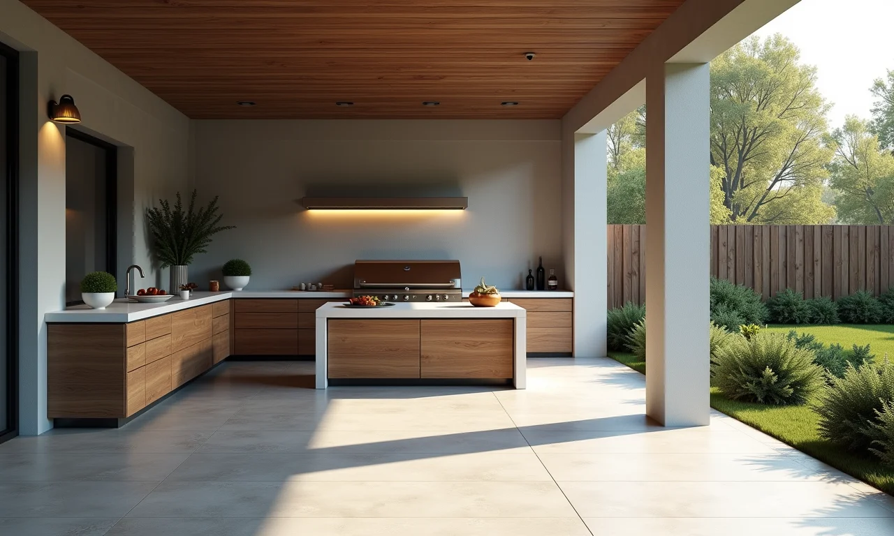 Churrasqueira moderna com piso cimentício e decoração minimalista.