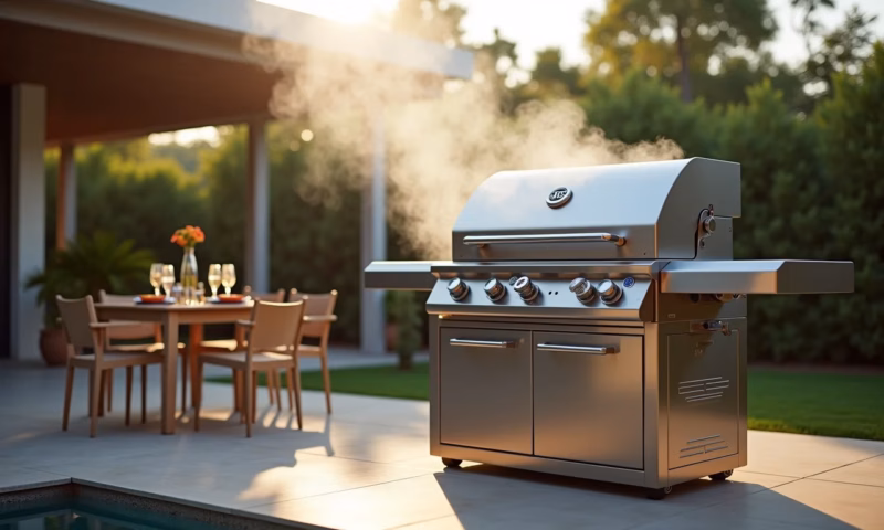 Churrasqueira moderna de vidro temperado em área de lazer.