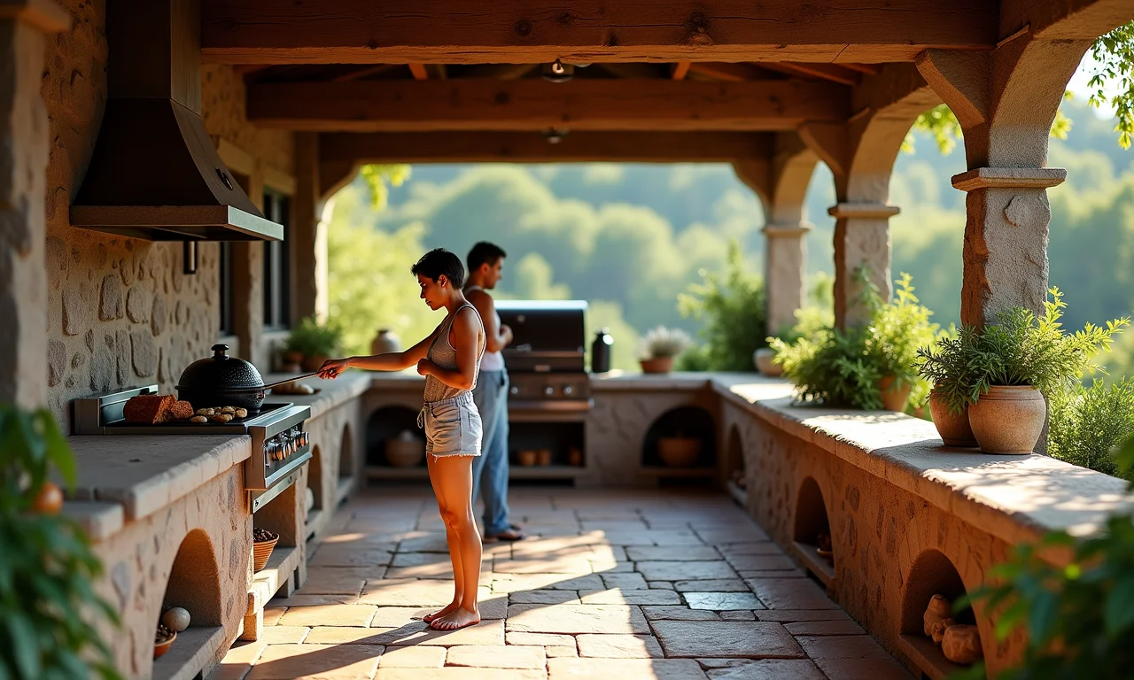 Churrasqueira rústica com piso de pedra natural e churrasqueira.