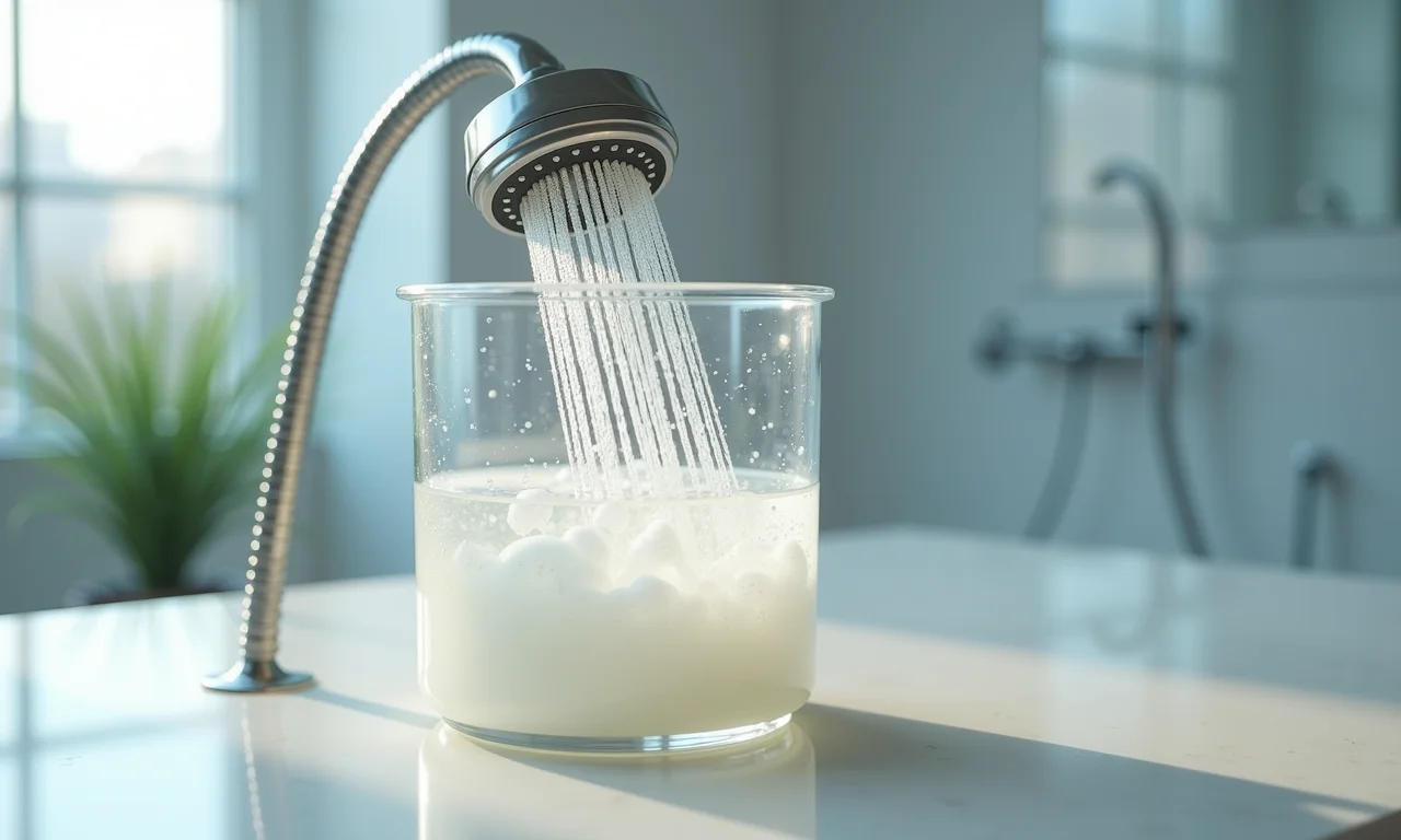 Chuveiro imerso em solução de ácido cítrico para limpeza.