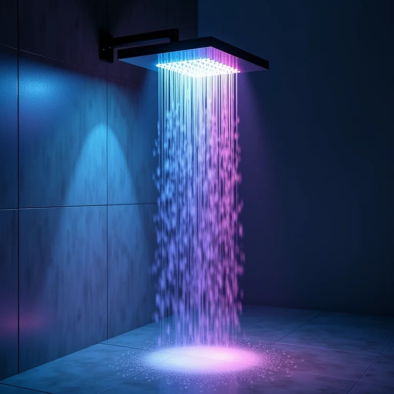 Chuveiro moderno com luzes LED integradas e água colorida.