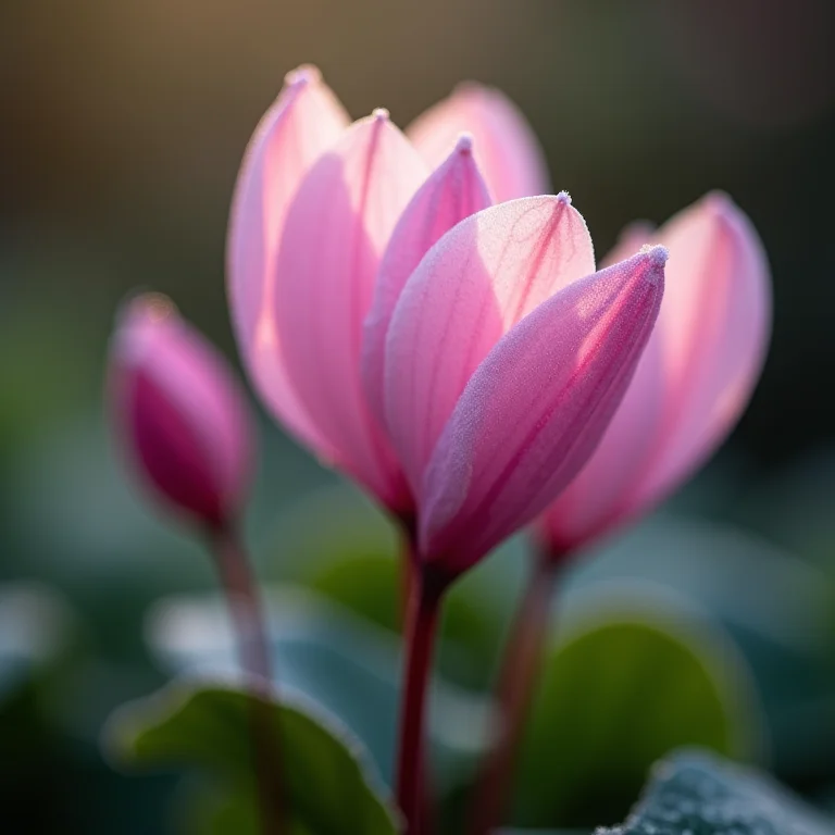 Ciclame rosa com folhas geladas.