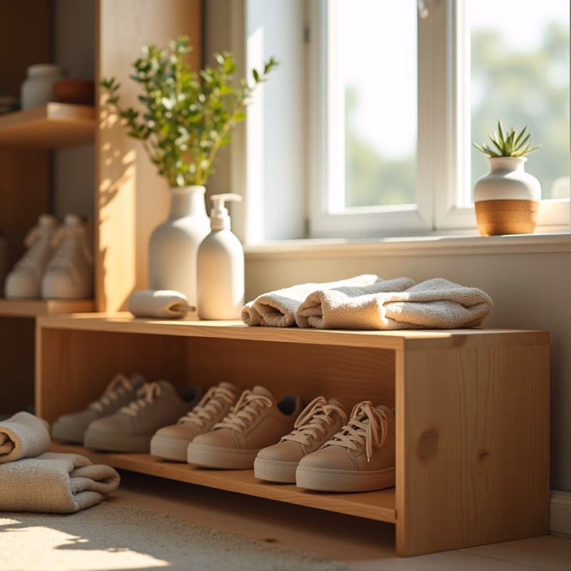 Cleaning a wooden shoe rack with natural cleaning products, sunlight streaming through window, Limpeza e organização de uma sapateira de madeira.