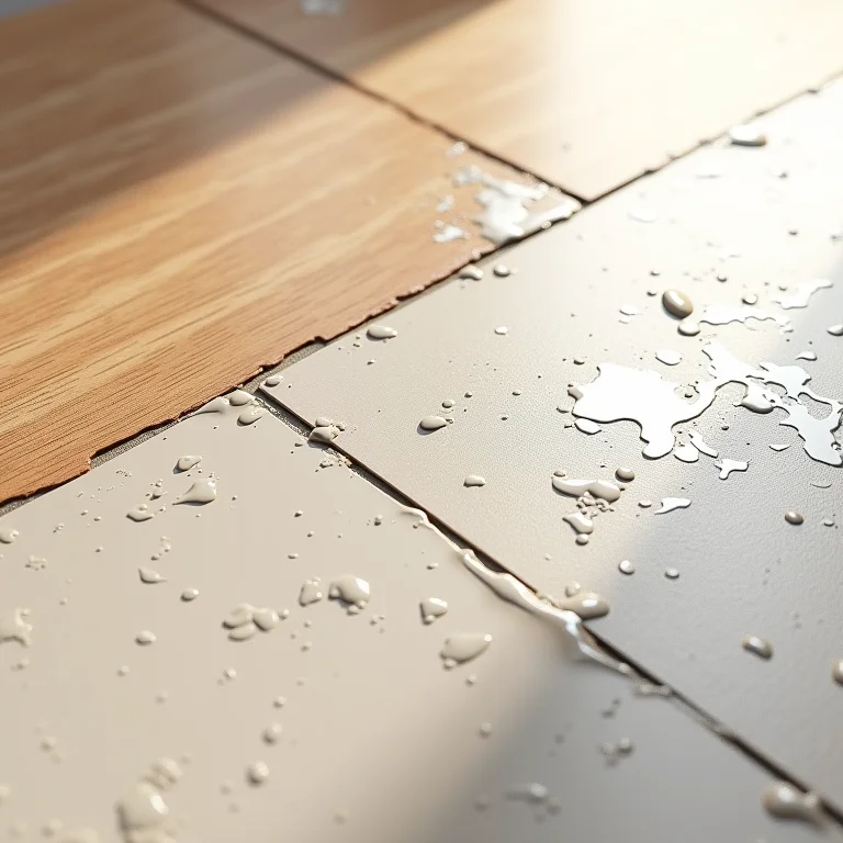 Close-up de diferentes tipos de manchas de tinta em vários materiais de piso.