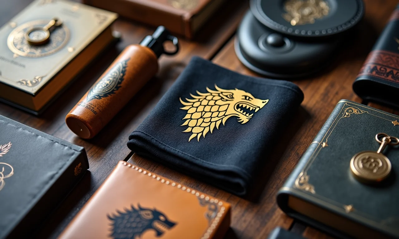 Close-up de diversos produtos temáticos de Game of Thrones organizados.