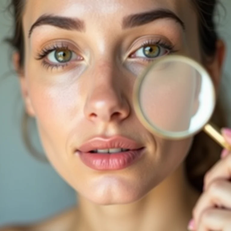 Close-up de rosto refletido em espelho de aumento