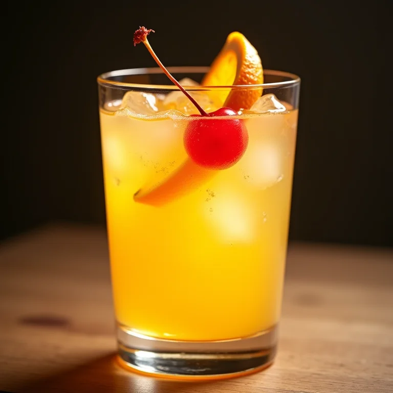 Close-up de um copo Collins com laranja e cereja