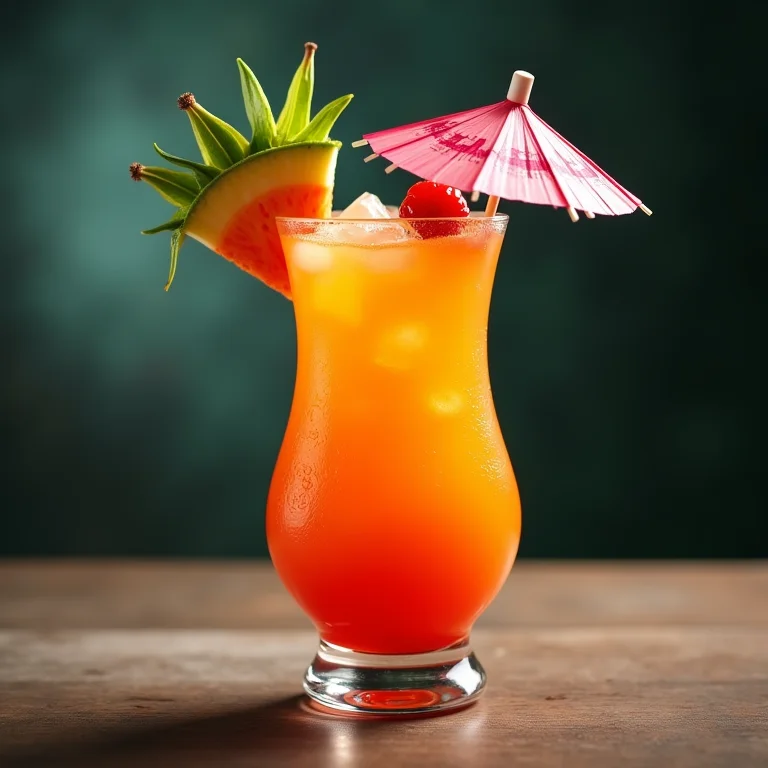 Close-up de um copo Hurricane com frutas tropicais