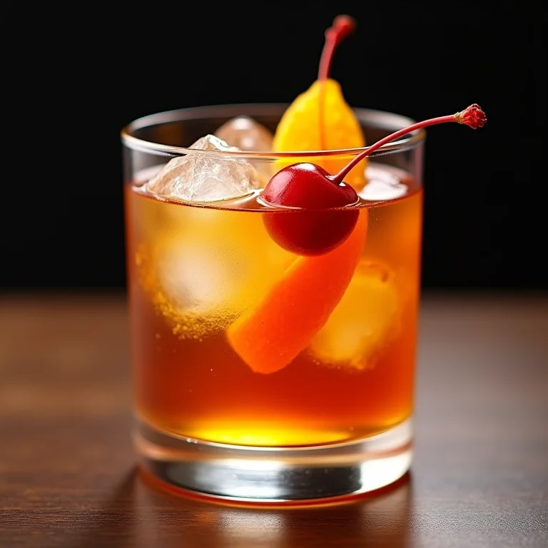 Close-up de um copo Old Fashioned com bourbon e laranja