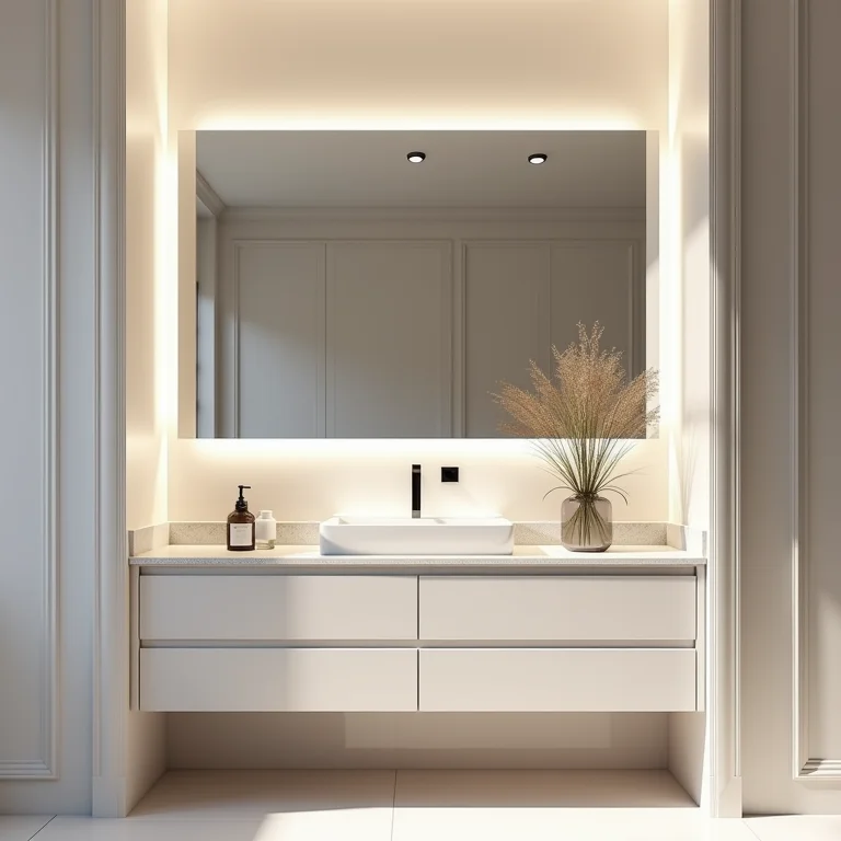 Close-up de um espelho de banheiro grande mostrando suas dimensões