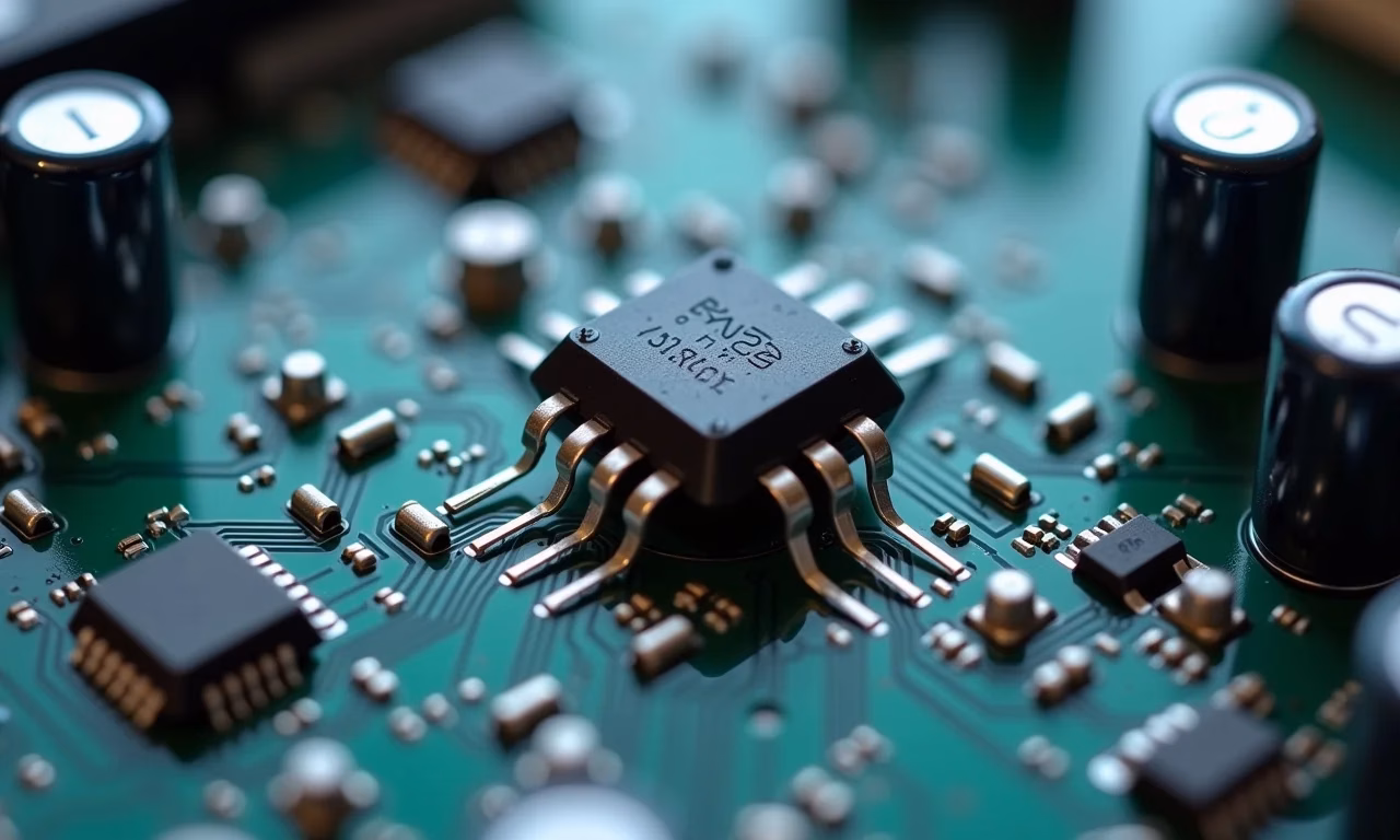 Close-up de um transistor em uma placa de circuito, destacando seus detalhes.