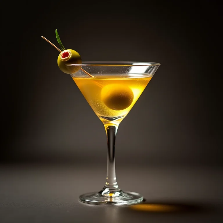 Close-up de uma taça Martini com azeitona.