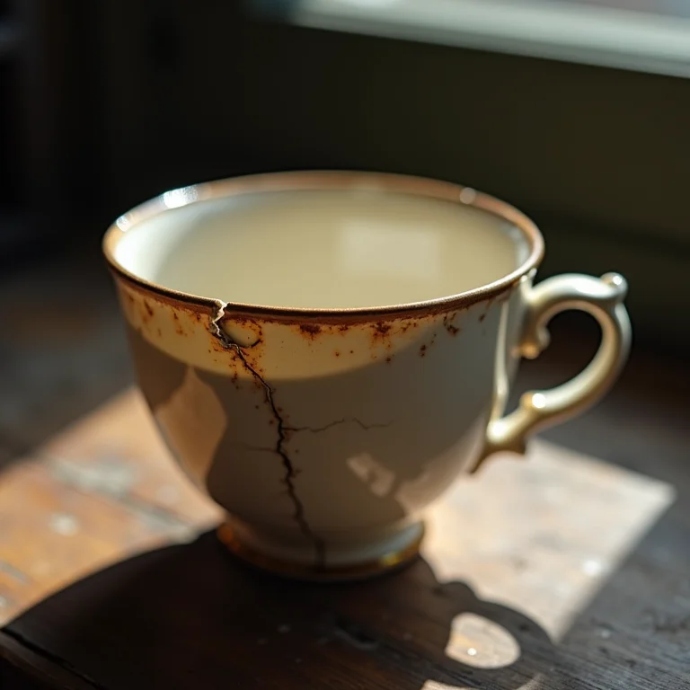 Close-up de uma xícara de chá antiga com rachaduras e tinta desbotada.