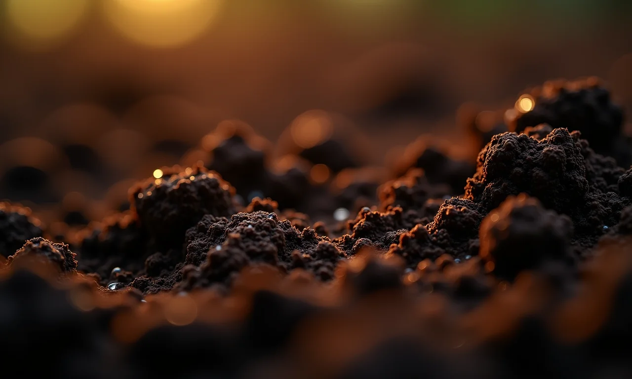 Close-up do solo rico, escuro e úmido, com gotículas brilhantes.
