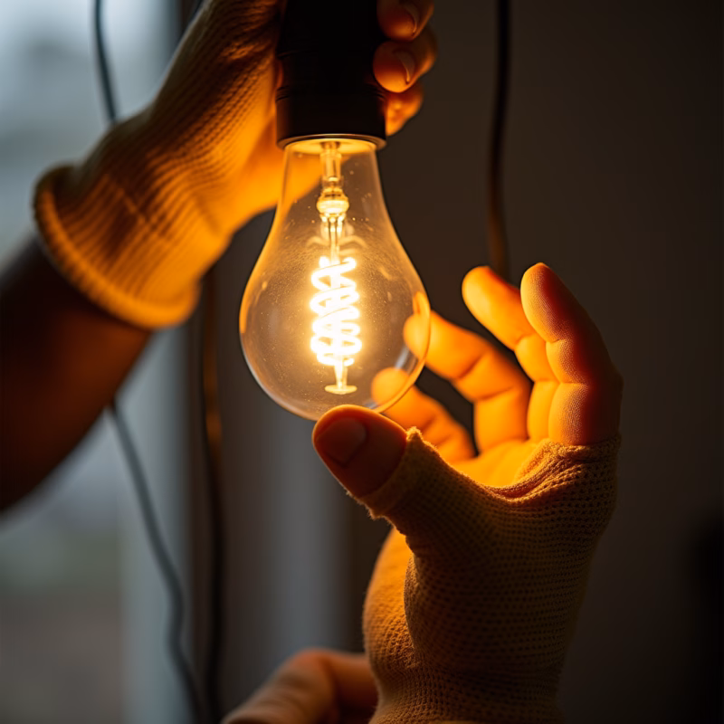 Mão trocando lâmpada com luvas de proteção.