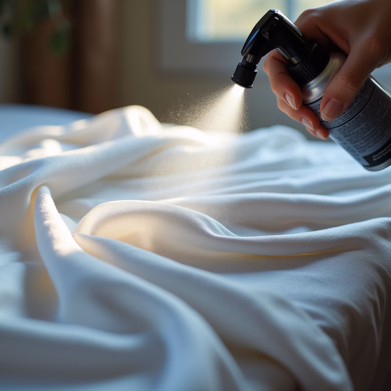 Close-up of silk fabric being sprayed with sealant, natural light, professional photography, 8K Impermeabilizando tecido delicado.