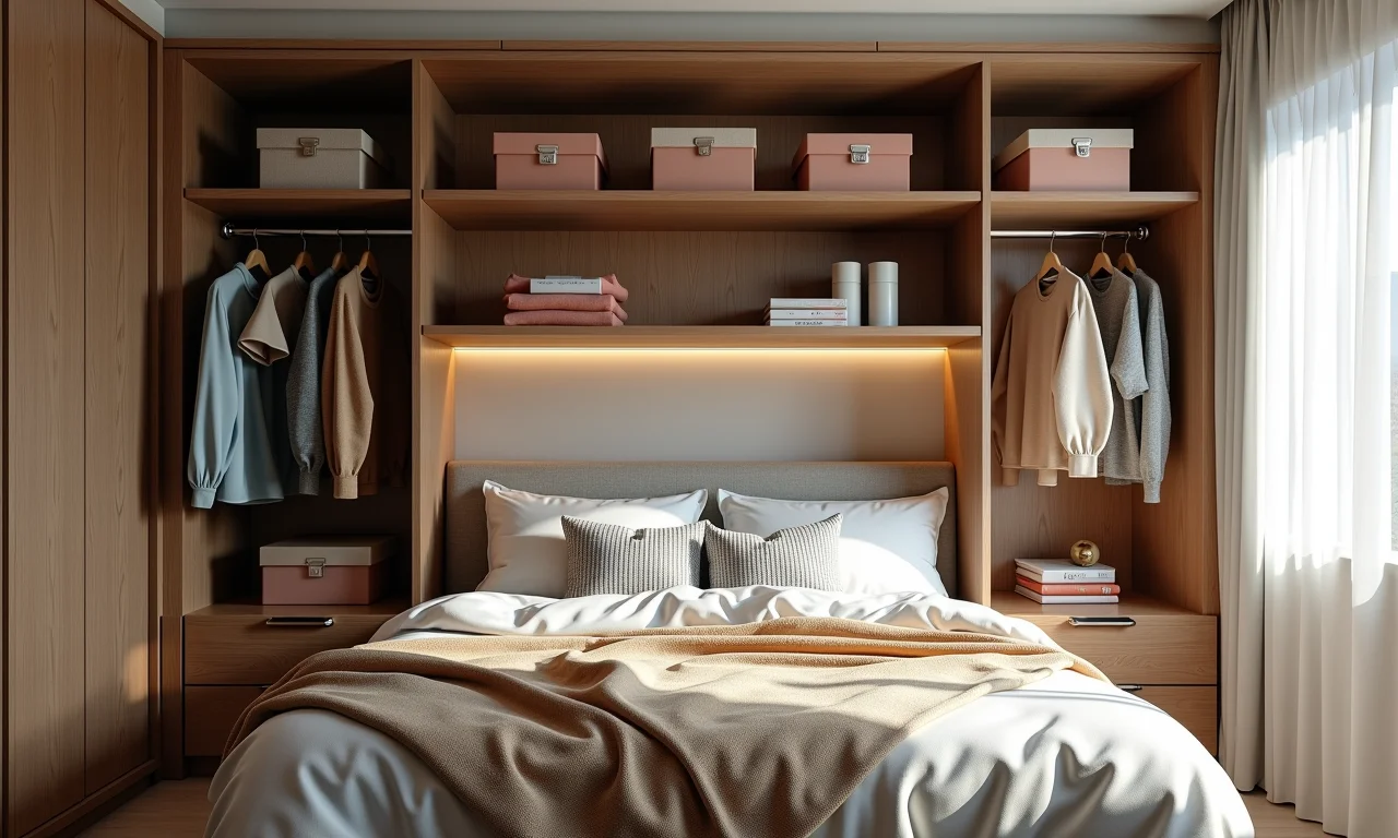 Closet compacto e organizado sob cama suspensa.