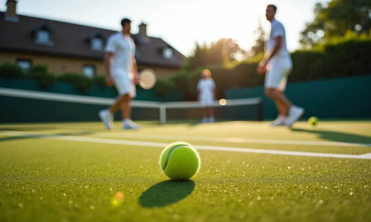 Clube de tênis com quadra de grama e jogadores.