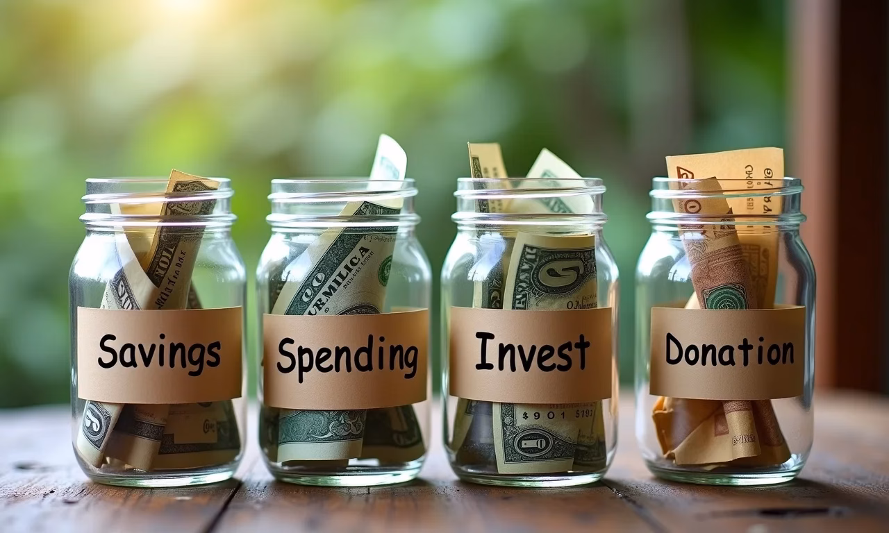 Cofrinho de 4 potes com etiquetas 'Poupança', 'Gastos', 'Investimentos' e 'Doação'.