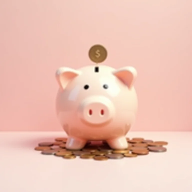 Cofrinho minimalista cercado por moedas, representando poupança