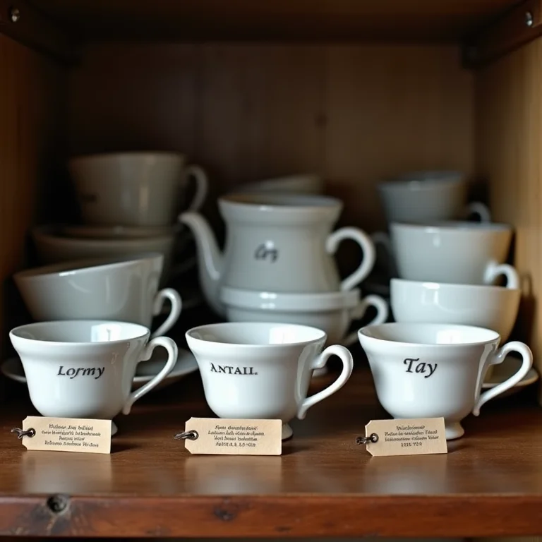 Coleção de xícaras de chá antigas exibidas com etiquetas de história e origem.