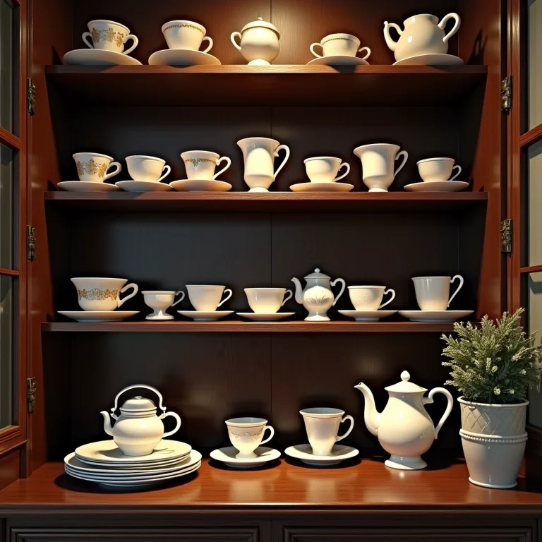 Coleção de xícaras de chá antigas exibidas em prateleiras.