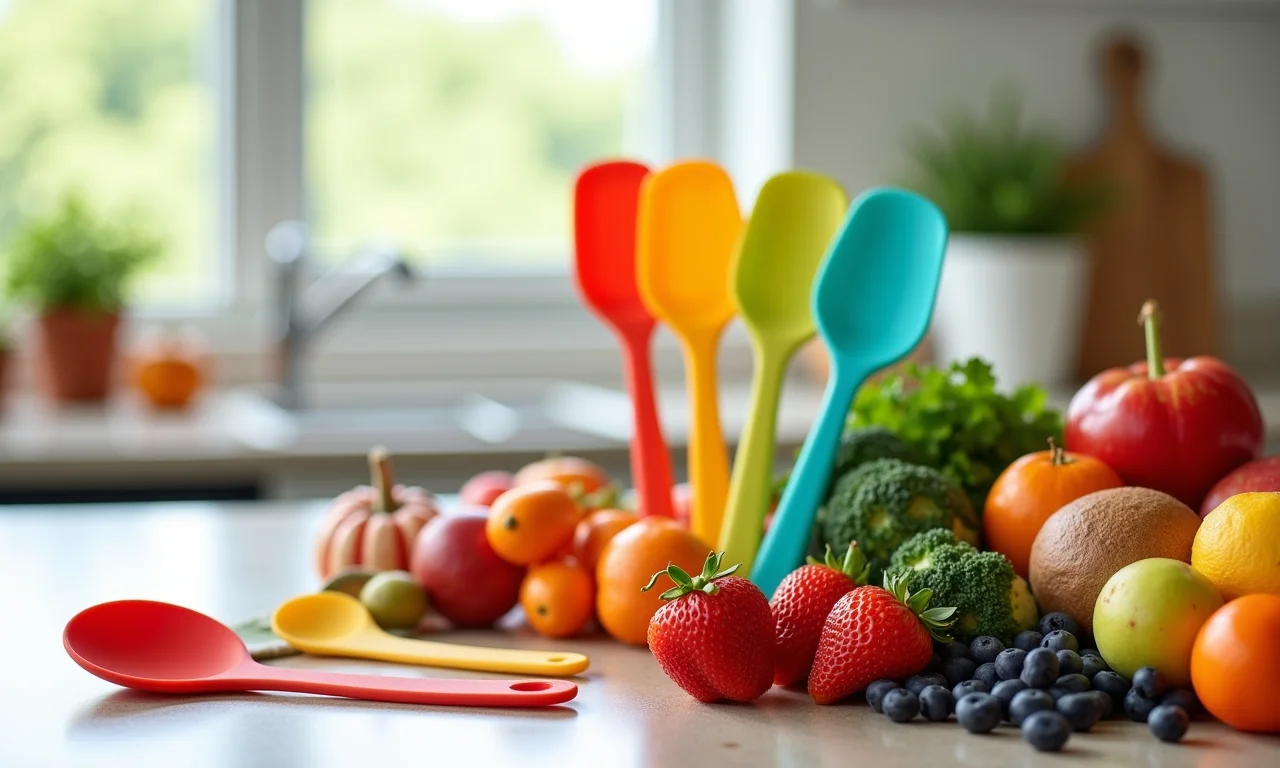 Colheres e espátulas de silicone entre ingredientes veganos.